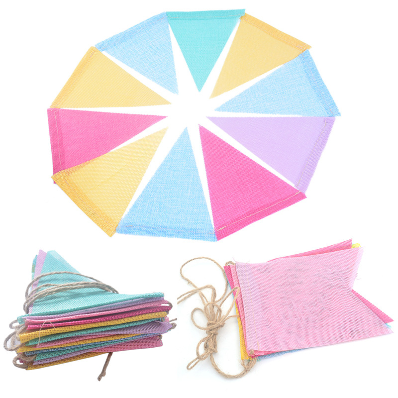 6色仿麻布彩色三角旗 DIY婚礼装饰婚庆彩旗派对拉旗 仿麻旗帜