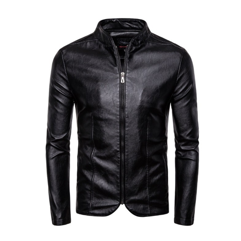 2019 autumn and winter new men's motorcycle stand collar PU leather coat men's slim-fit solid color zipper faux leather casual