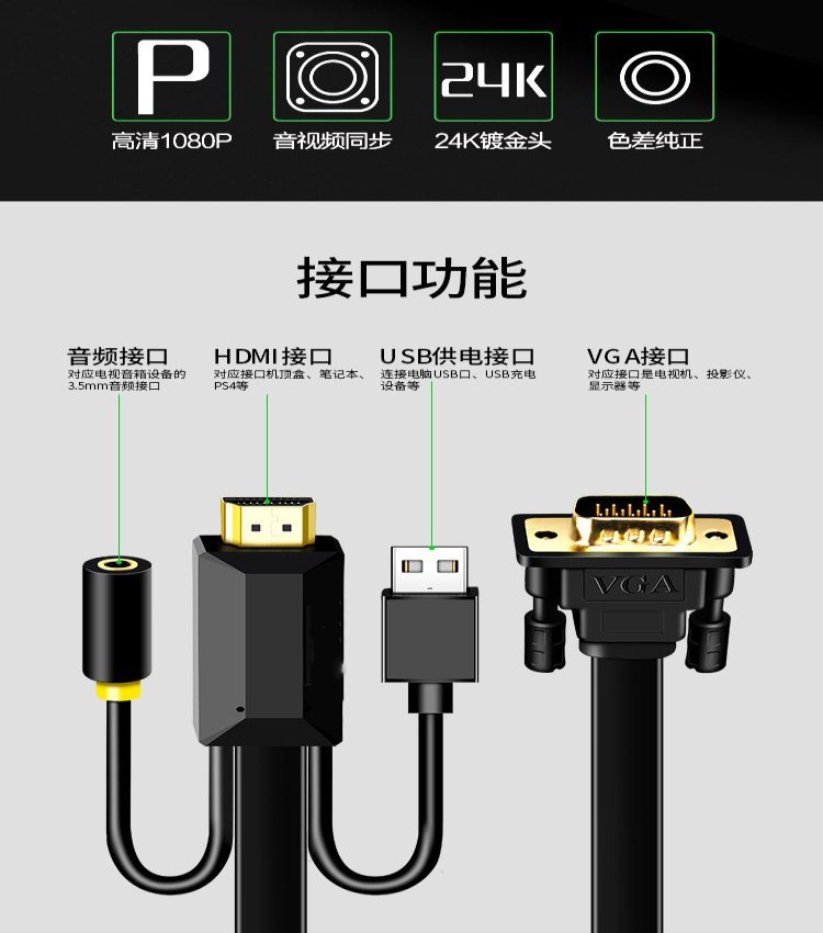 HDMI A公转VGA公 HDMI AM TO VGA M高清线+AUX3.5音视频转换扁线
