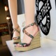 892-2 Korean version high-heeled hemp rope knitted slope-heeled silk, satin, broken fish-mouth, hollow metal chain, cross-strapped sandals