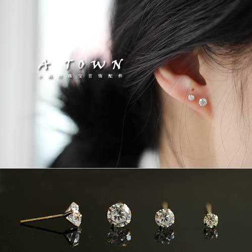 S925 sterling silver plated 14K gold stud earrings, versatile item, single diamond zircon mini Japanese and Korean small round four-prong earrings