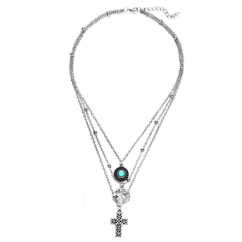 New Cross World Map Turquoise Combination Three-layer Necklace display picture 7
