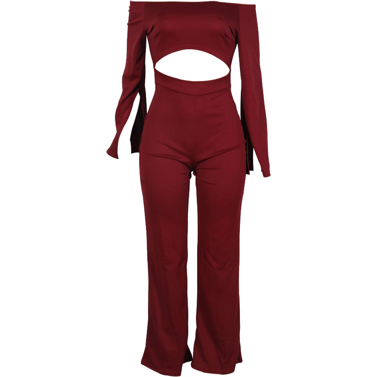 Boutique Casual Solid Color Long Sleeves Cropped off Shoulder Jumpsuit