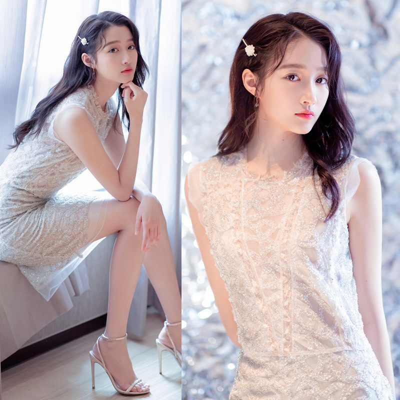 关晓彤同款泰国重工亮片名媛气质连衣裙修身连衣裙女装伴娘裙8791