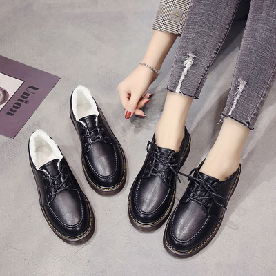 黑色小皮鞋女冬季加绒韩版百搭皮鞋女英伦风复古日系平底学生单鞋