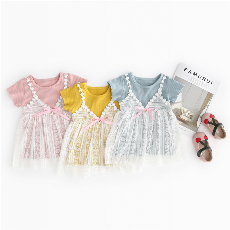 Korean style minimalist three-color lace summer children's short skirt, cotton material, A-grade close-fitting top for little girls aged 1-4.