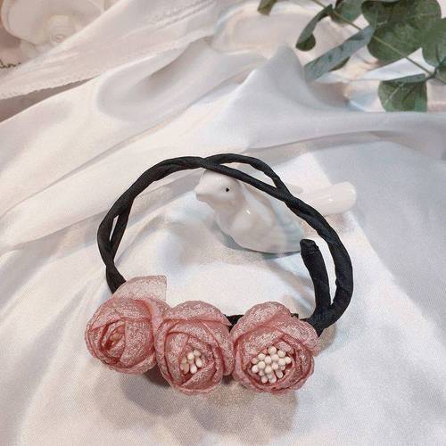 Headwear from Dongdaemun, South Korea, featuring a floral chiffon hair tie with a Korean aesthetic, suitable for women to use as a hairpin for updos like buns or pom-poms.
