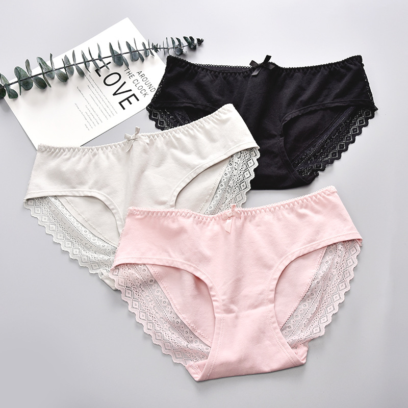 蝴蝶结性感蕾丝边内裤女无痕防侧漏全棉裆部舒适透气三角裤女精装|ru
