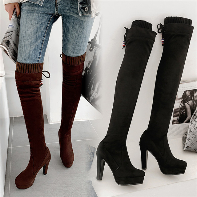 Knee high women’s boots autumn and winter knitted thin leg elastic boots high heel chivalrous boots women’s high barrel 