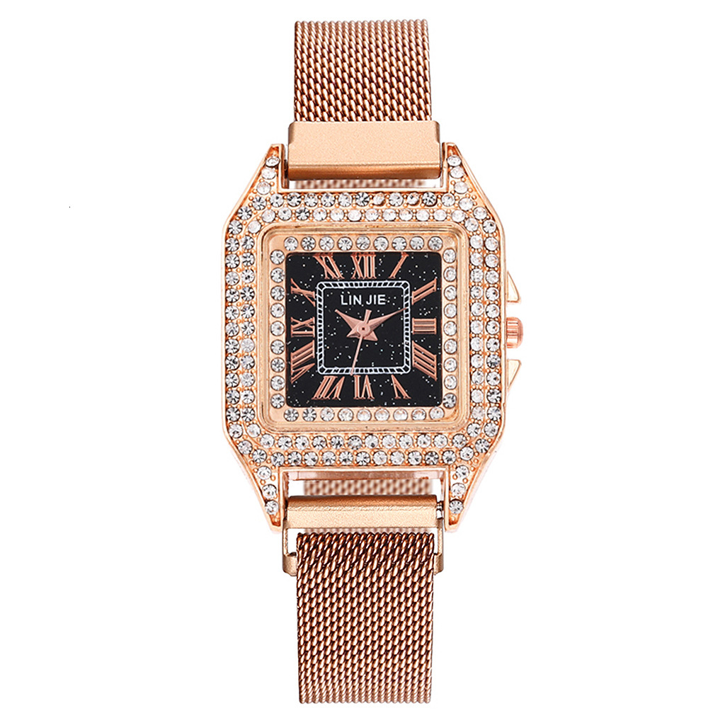 Suction Stone Magnet Mesh Watch Starry Diamond Rectangle Roman Scale Lady Bracelet Watch display picture 2