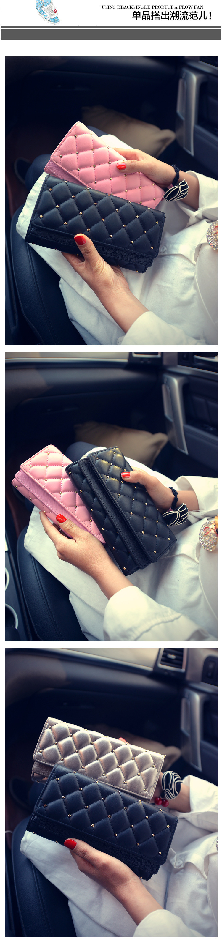 195g Weight Polyester Lining Material Magnetic Buckle Closure Type Pu Leather Material Solid Color Pattern Women'S Gender Fashion Style Square Shape Pink, Champagne, Black Color Korean  Diamond Tri-fold Large-capacity Wallet Wholesale 3
