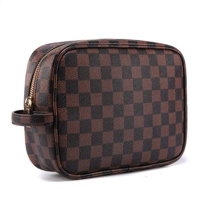 新款经典格子化妆包 PU旅行手拎包 棕色皮革中性化妆包定制