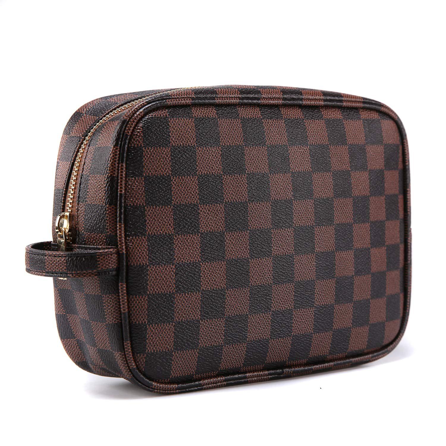 新款经典格子化妆包 PU旅行手拎包 棕色皮革中性化妆包定制