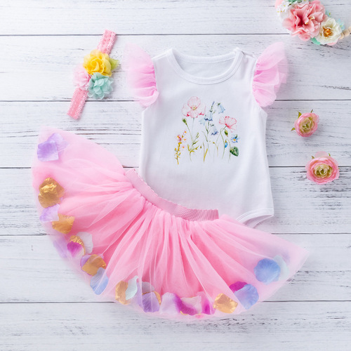 Baby birthday party dresses girl print short sleeve Khaki pink rainbow mesh skirt cover