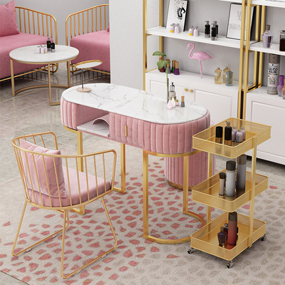 金色铁艺修甲美甲台大理石双层美甲桌椅套装 北欧单双人美甲桌子