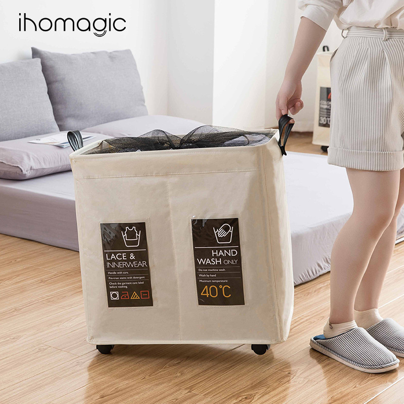 衣物可折叠储物箱 双格网布衣物收纳筐 带轮子合金框架置物篮束口