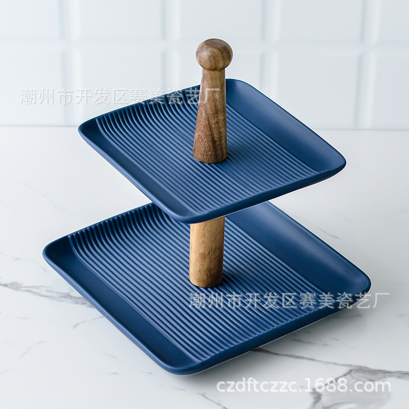 Directo de fábrica Estilo nórdico cuadrado recto de doble capa plato de fruta plato de merienda de cerámica plato de pastel de té de la tarde Placa de cadena