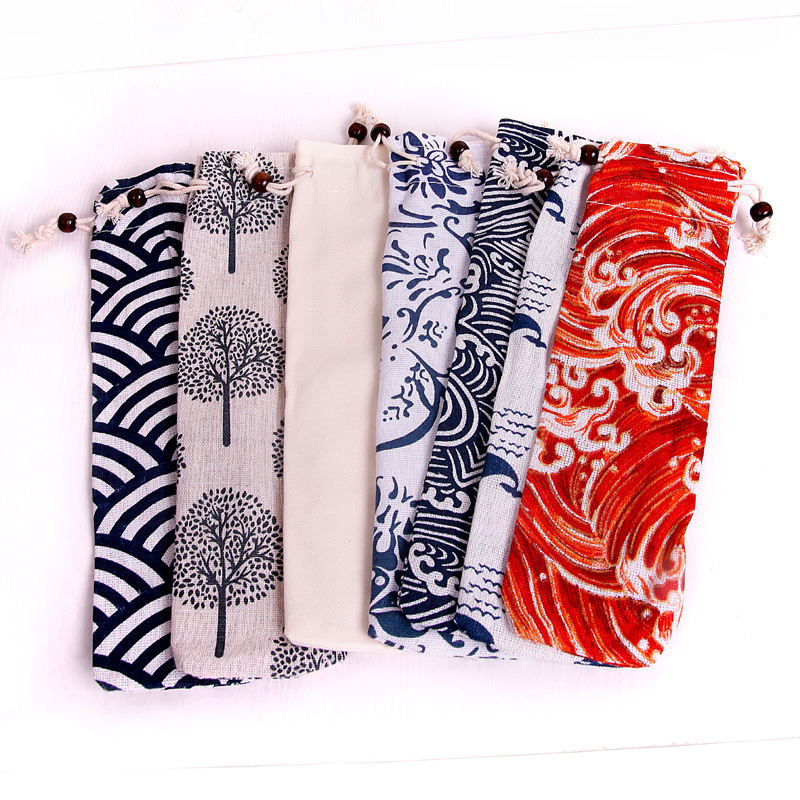 和风束口布袋 双边珠子抽拉帆布袋 旅行餐具收纳袋厂家一手货源、