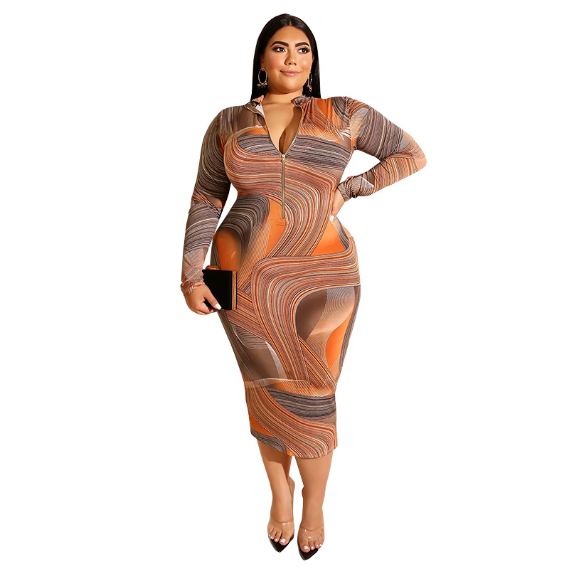 Printed Tight-fitting Hip-length Zipper Front and Rear Two-wear Plus Size Dress