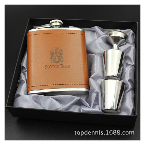 供应户外便携7盎司包皮酒壶稠布套装 不锈钢酒瓶温酒壶酒柜摆件