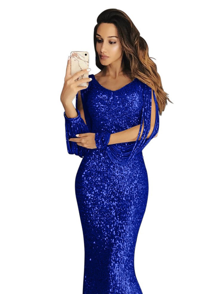Women's Party Dress Elegant V Neck Sequins Long Sleeve Solid Color Maxi Long Dress Banquet display picture 3