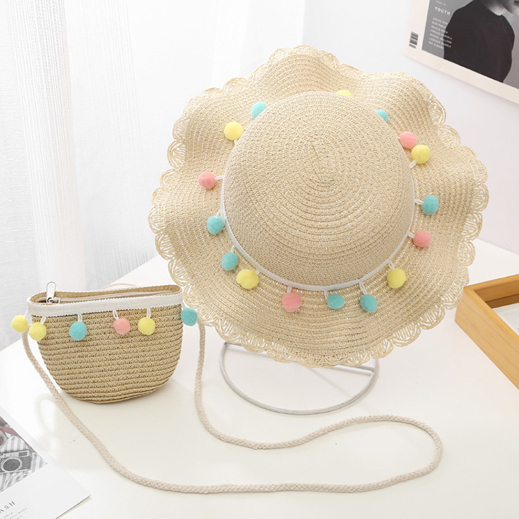 Children's Hats Girls Summer Shade Sunscreen Seaside Sun Hats Sweet Cute Crossbody Bag Colored Ball Lotus Leaf Straw Hat Wholesale Nihaojewelry display picture 5