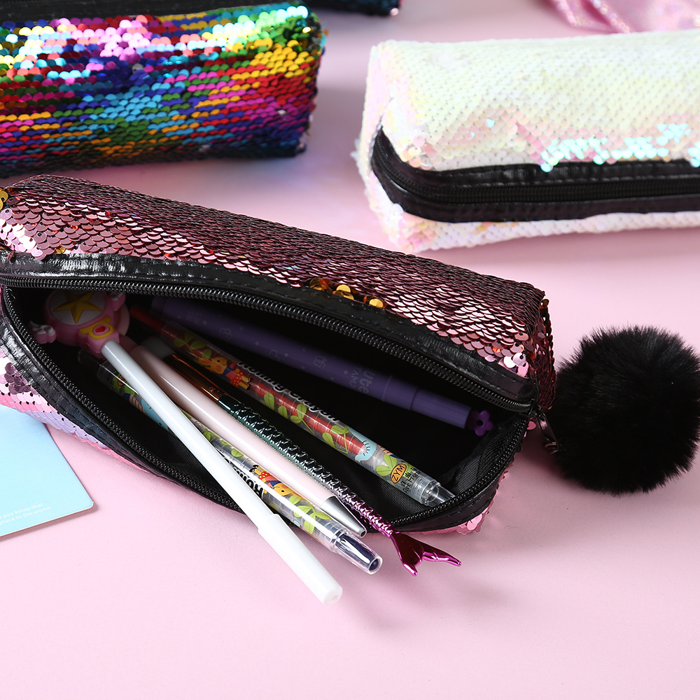 Fashion New Fur Ball Sequins Cosmetic Pencil Case Mermaid Storage Bag display picture 2