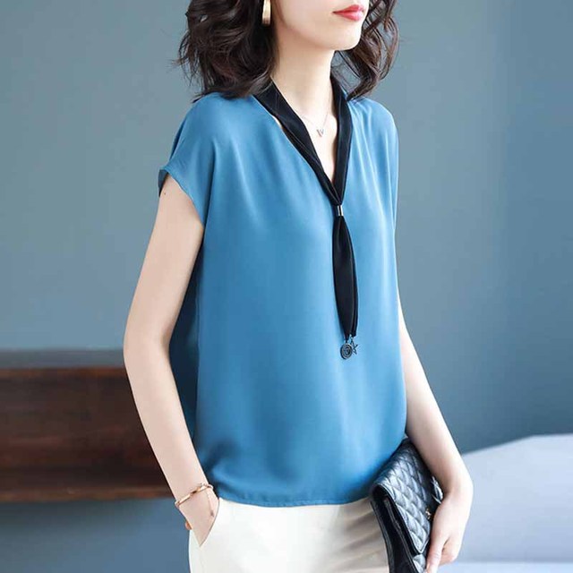 V-necktie short-sleeved chiffon blouse 