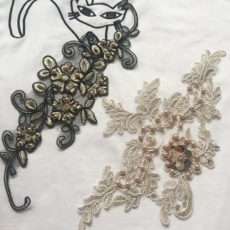 网纱底带珠子亮片金银线布贴 高档礼服婚纱补丁 童装牛仔裤花贴