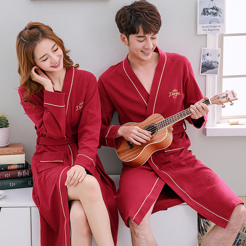 春秋情侣红色睡袍女结婚婚礼新娘晨袍长袖纯棉长款浴袍本命年睡衣