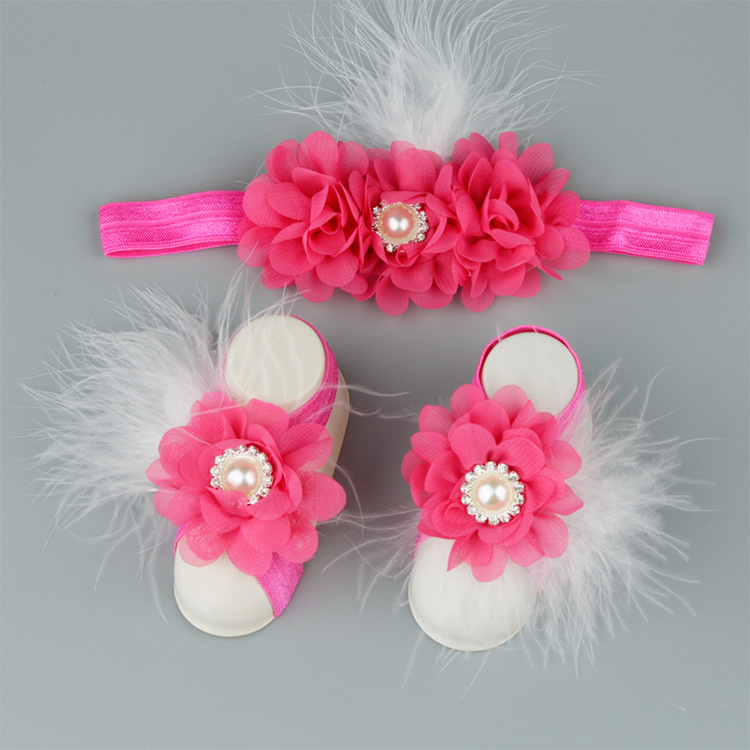 Europäisches Und Amerikanisches Baby Mini Chiffon Blumen Kopf Blume Fuß Blume Set Neugeborenes Baby Feder Fuß Gürtel Einfarbige Kopf Fuß Abdeckung display picture 1