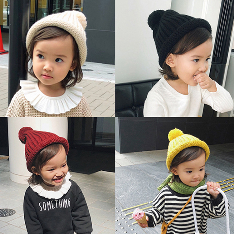 New Boys and Girls Ball Knit Hat for Autumn and Winter Thick and Warm Pure Color Woolen Hat