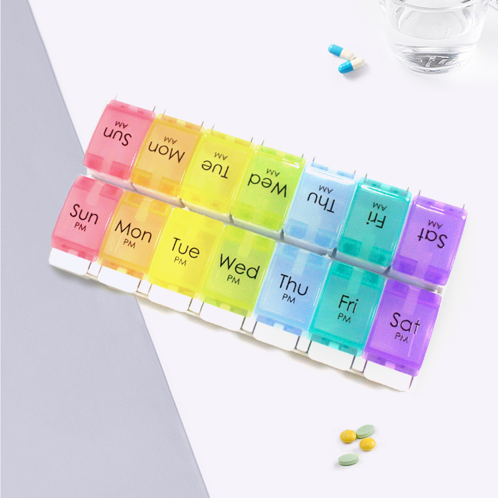 双排钢琴按键塑料药盒14格7天收纳彩虹便携旅行分装台式小药盒子