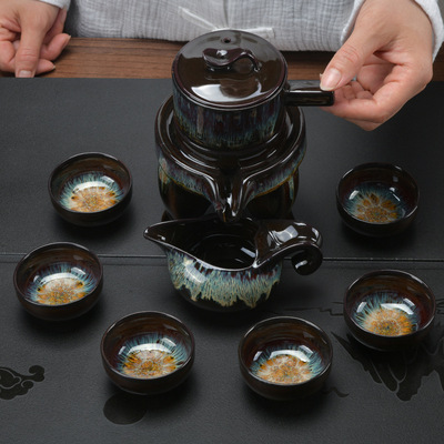 厂家直销陶瓷茶具套装沙金釉功夫茶具半全自动懒人泡茶器创意礼品|ru