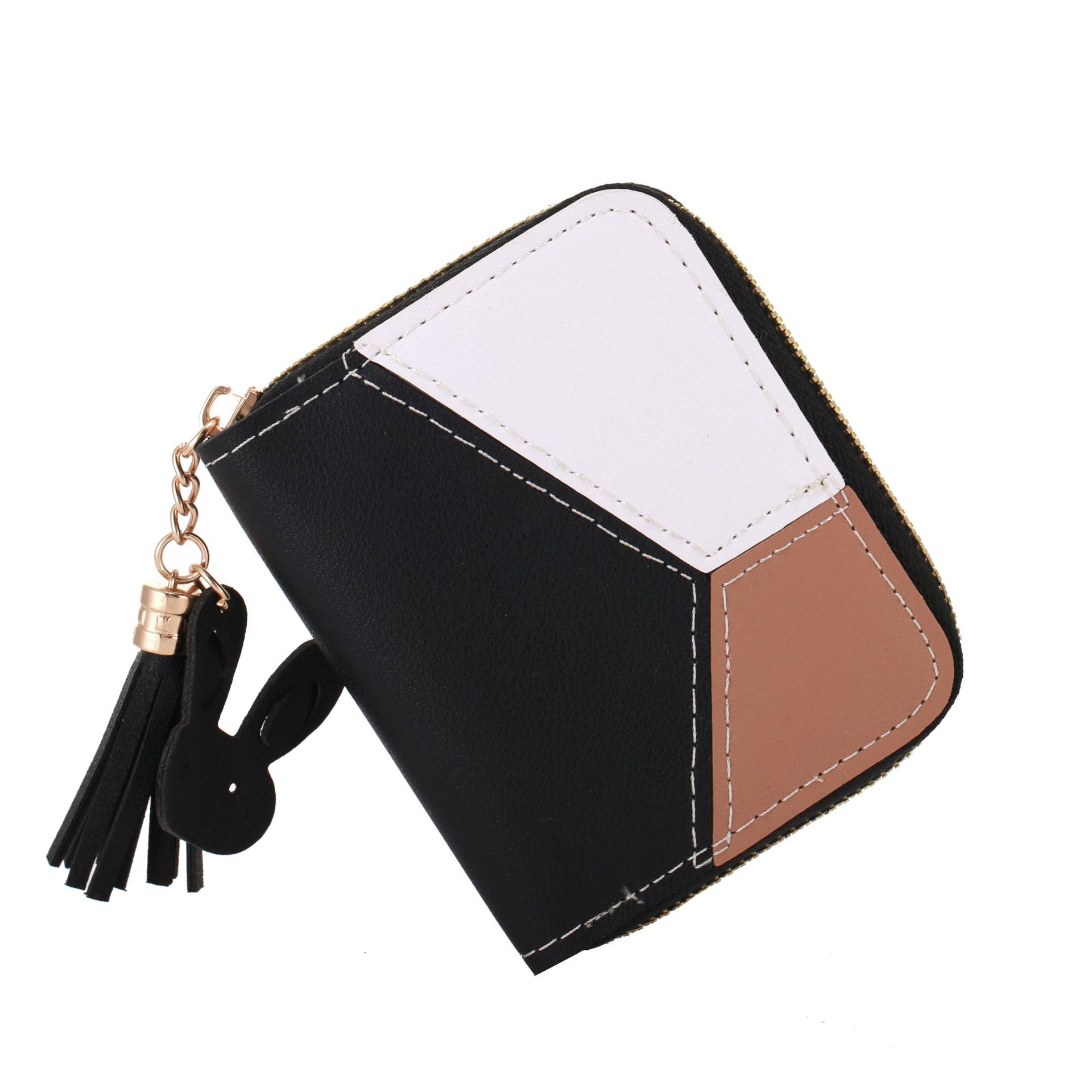 Cartera corta para mujer – Estilo coreano, con cremallera y borla, diseño bicolor de costura, monedero juvenil