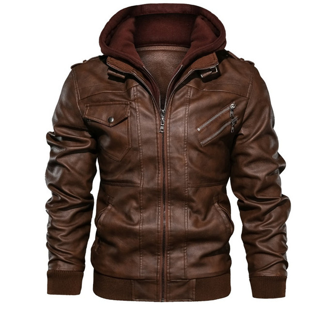 Men’s hooded leather jacket with plush and thickened jacket