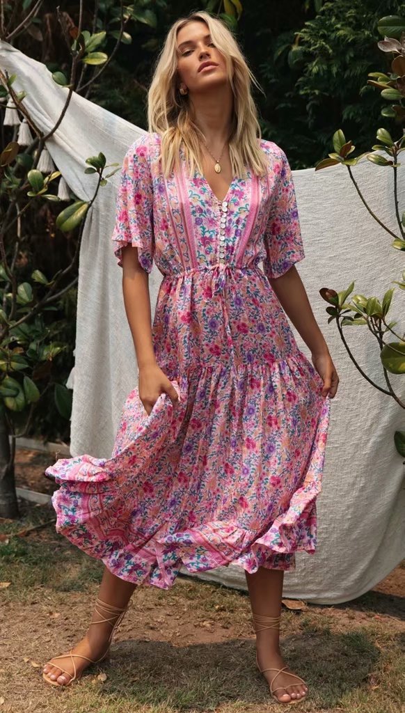 Pink Blomstret Lang Kjole 5