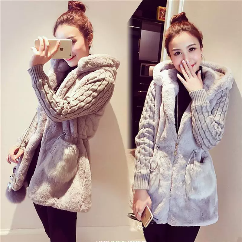 Осень-зима 2022, новое приталенное женское модное вязаное пальто средней длины, утепленный плюшевый свитер с капюшоном, Отстроченный