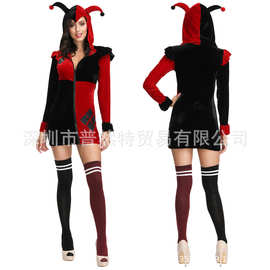 万圣节成人牛角哈雷奎恩的服装 马戏团小丑角色扮演服 红黑连衣裙