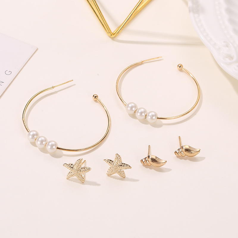 Fashion Ocean Wind Sweet Conch Starfish 3 Pairs Stud Earrings Pearl Earrings display picture 3