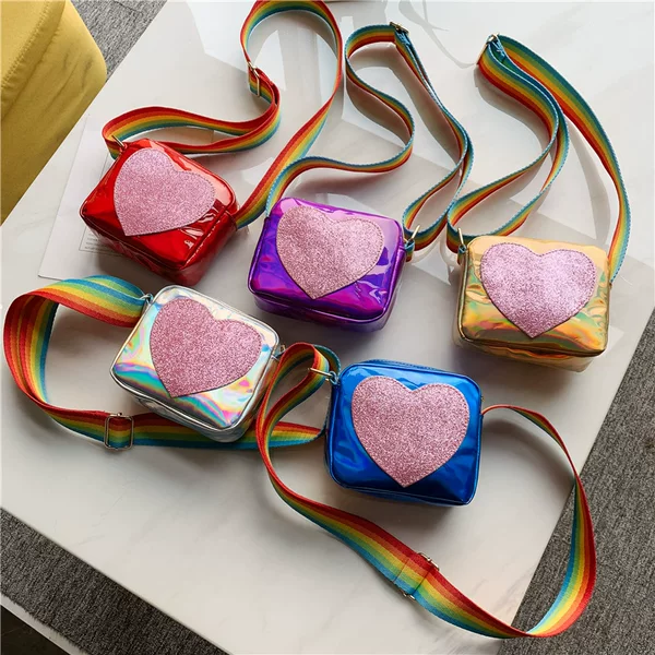 Korean Style Children's Mini Small Bag Laser Pu Bright Face Peach Heart Shoulder Crossbody Bag Girl's Summer Decorative Coin Purse