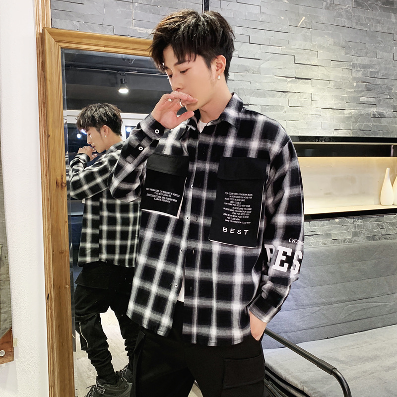 格子衬衫男2019春秋季新款韩版潮流工装修身男装休闲男士长袖衬衣|ms