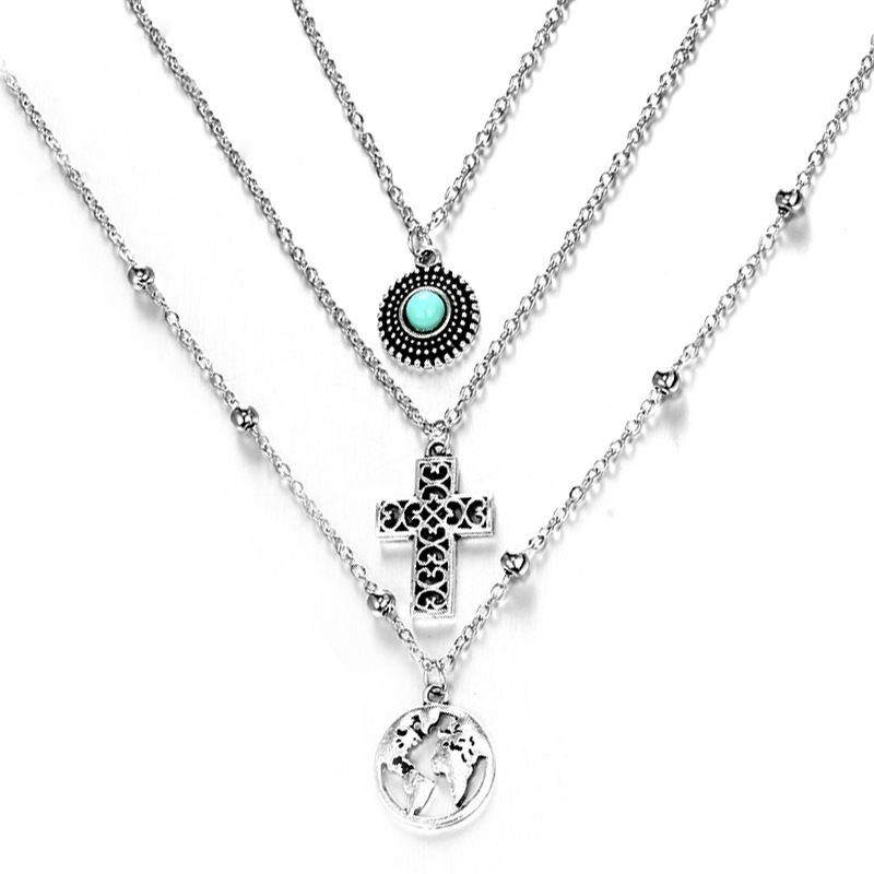 New Cross World Map Turquoise Combination Three-layer Necklace display picture 9