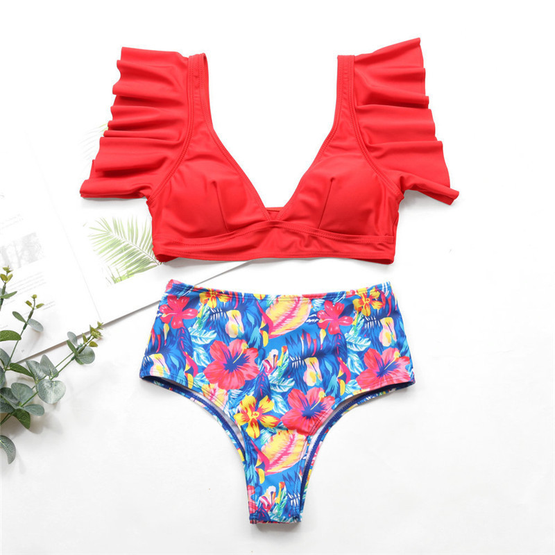 Hot selling fashion women s high waist sexy small sleeves ruffled print swimwear NSHL531