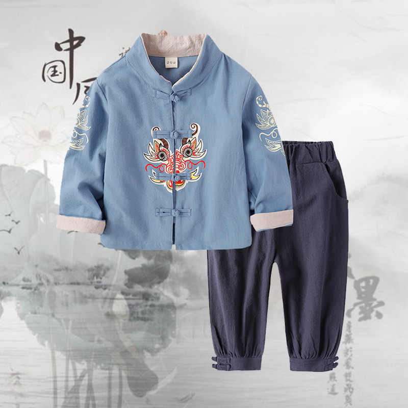 幼兒寶寶中國風套裝2020春季新款兒童麻棉套裝複古改良漢服兩件套