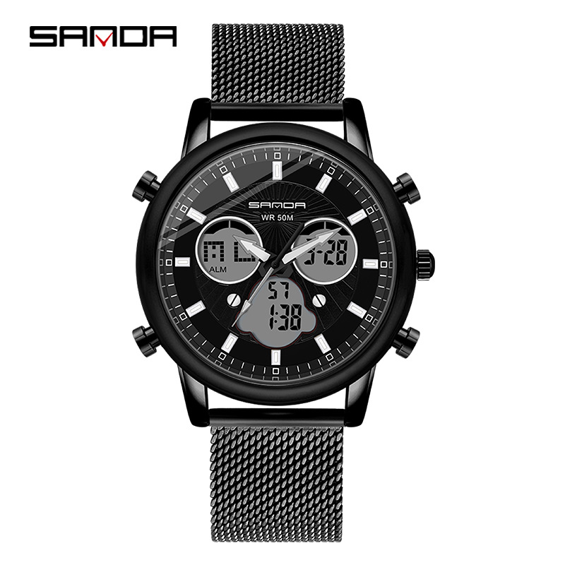 SANDA P803 impermeable multifuncional reloj deportivo al aire libre reloj electrónico de cuarzo de doble movimiento para hombres