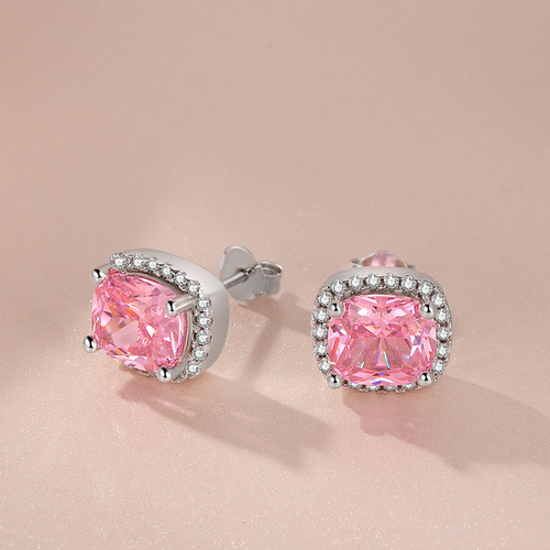 ED043 White Copper Gold Plated Silver Earrings Women's Earrings Square Diamond Color Yellow Pink Simulated Diamond Earrings