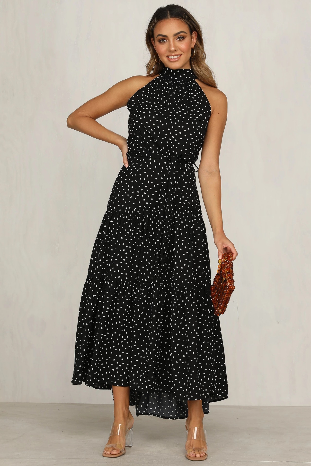 summer new women s polka dot round neck mid-waist sleeveless ruffled flounce dress NSYD3859