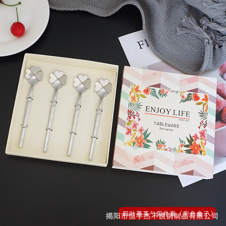 4 조각 클로버 티 스푼 (컬러 박스)