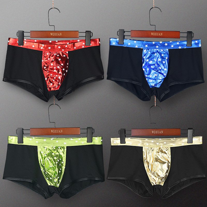 Men's sexy underwear gilded star mesh boxer bright leather patent leather men's underwear nightclub stage performance underwear